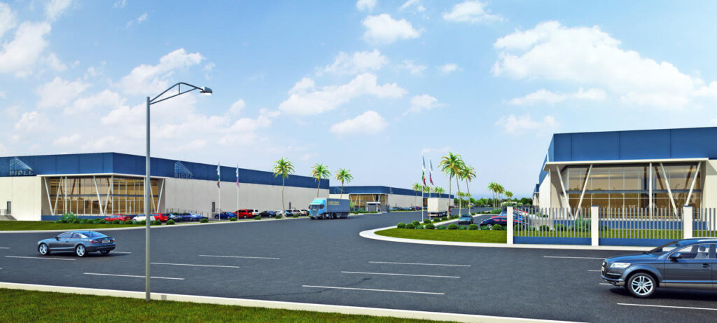 Wide rendering showing multiple large warehouse-style buildings, truck access, and parking areas at Marina Industrial Park.