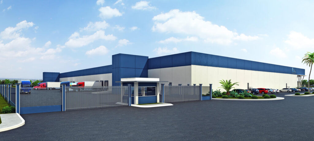 Rear rendering of industrial buildings with truck docks, secure entry gates, and service access at Marina Industrial Park.
