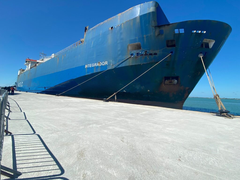 The cargo vessel Integrador docked at Puerto del Norte–Matamoros during the port’s first day of operations.