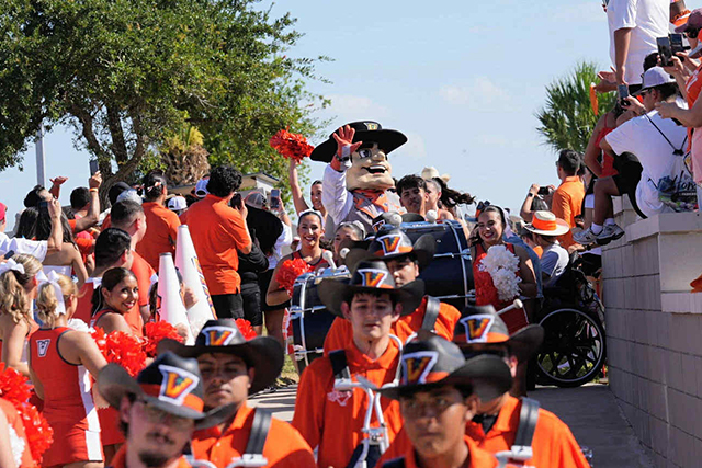 UTRGV’s mascot leads the Vaquero Marching Band and spirit teams in rallying the crowds before kickoff at Robert & Janet Vackar Stadium on Saturday, Aug. 30, 2025. The spirited performance energized fans ahead of the university’s first-ever football game.