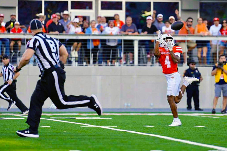 UTRGV football takes the field for the first time in program history during the inaugural game at Robert & Janet Vackar Stadium in Edinburg on Saturday, Aug. 30, 2025. An estimated 12,000 fans filled the stands, while another 8,000 gathered outside for tailgates and pep rallies, marking a historic day for the university and the Rio Grande Valley.