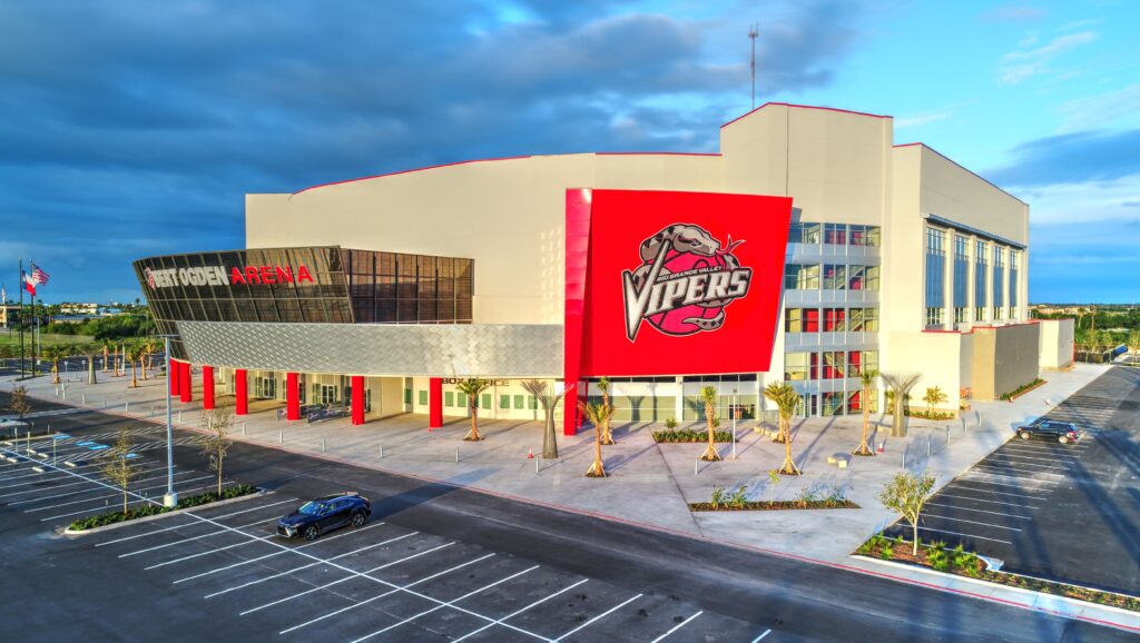 External view of ert Ogden Arena, a 9,700 capacity venue in Edinburg that offers the ability to host a variety of events, including sporting, concerts, and private events.