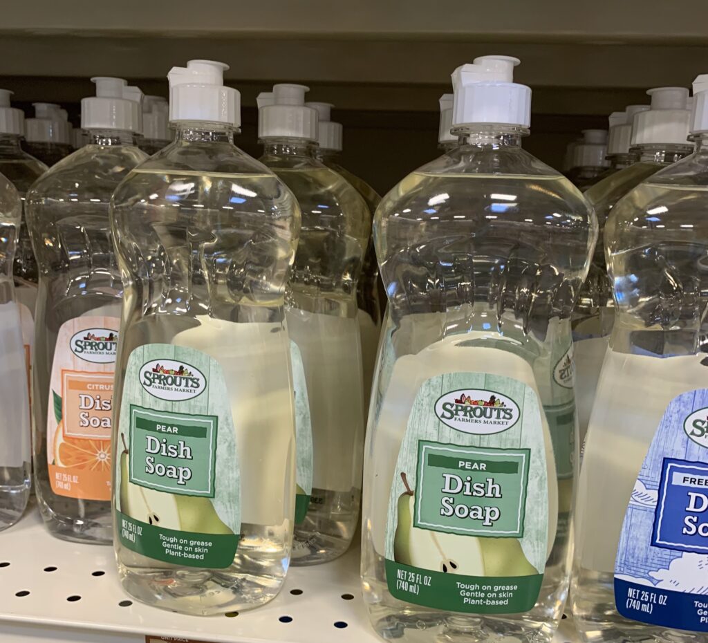 Close-up shot of Sprouts Farmers Market dish soap. 
