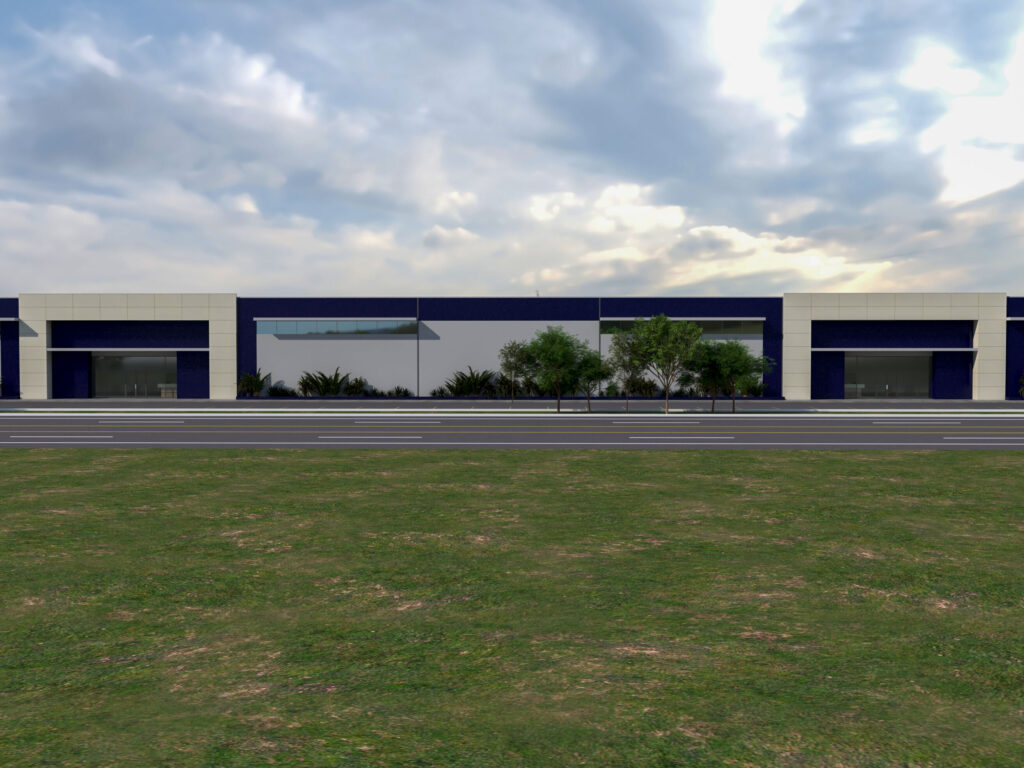 A blue and white warehouse rendering sits along a highway against a blue and white cloudy sky.
