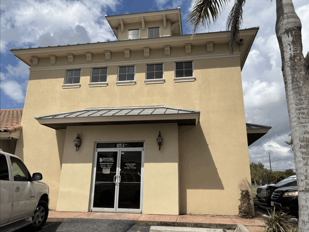 A beige two-story building with Skyline EMS’ administrative office entrance at 600 E. Griffin Parkway in Mission, photographed Sept. 9, 2025.