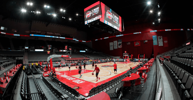 Basketball players practice inside Bert Ogden Arena, the largest indoor entertainment venue in Deep South Texas, and serves as a premier destination for sports and live entertainment.