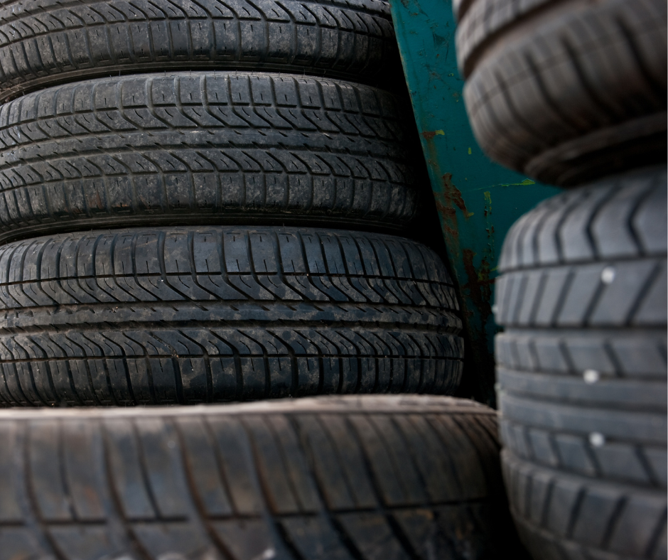 Stacked used tires at a shop along the U.S.-Mexico border.