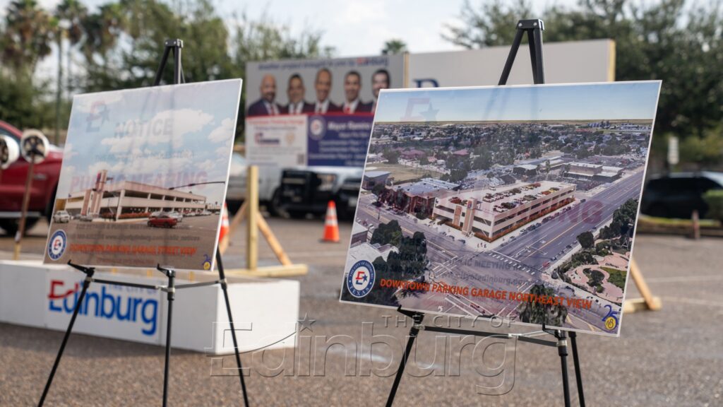 Close-up and aerial renderings of the proposed parking garage.