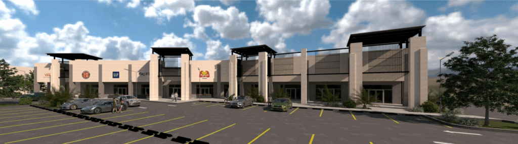Wide-angle rendering of Guerlain Commercial Plaza with storefronts, modern façade, and parking area.
