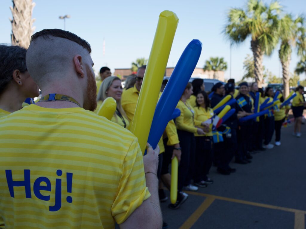 IKEA employees wear yellow and blue shirts