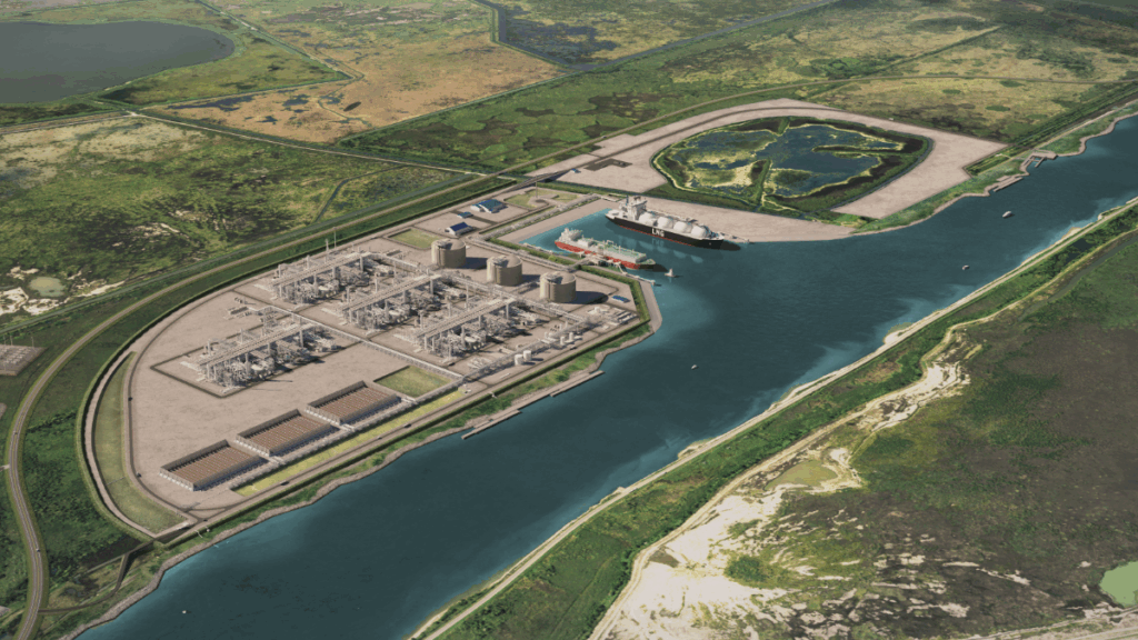Rendering of Port Arthur LNG terminal in Southeast Texas, showing LNG storage tanks, processing units, and a tanker docked along the Sabine-Neches ship channel
