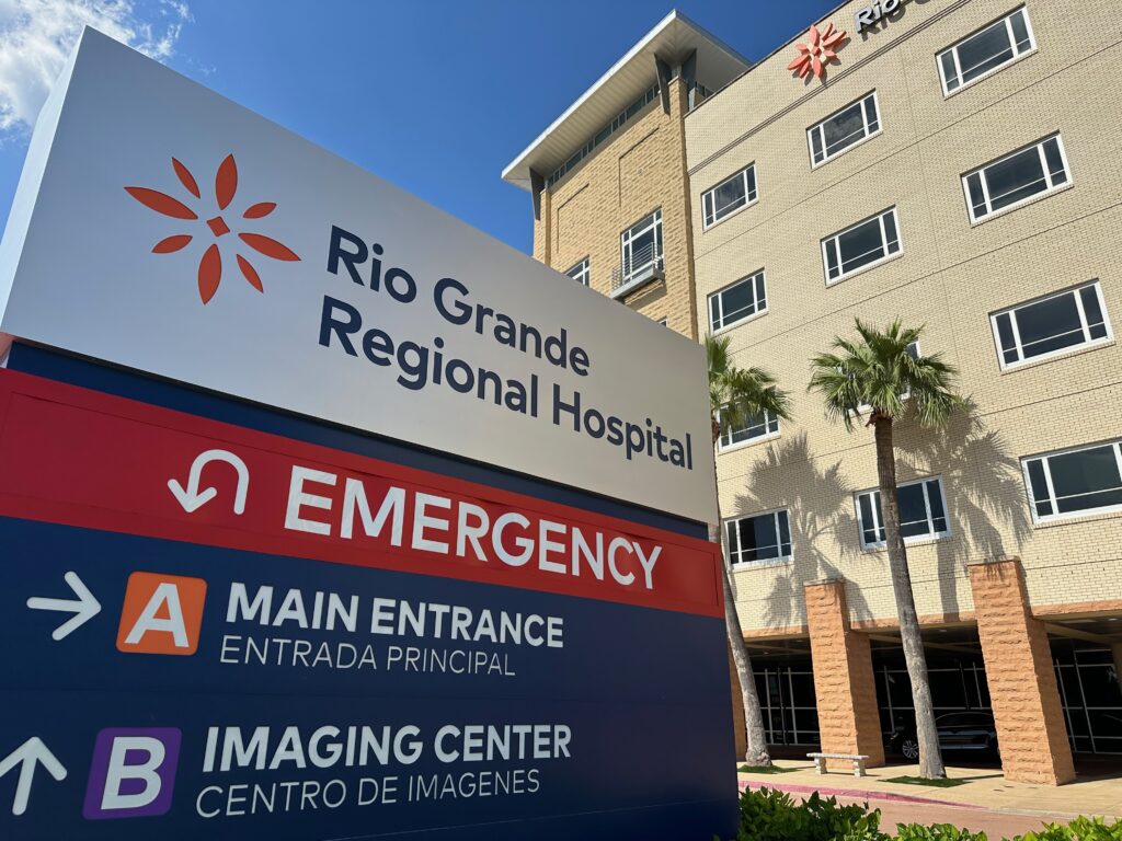 Sign outside Rio Grande Regional Hospital’s emergency entrance in McAllen, where a new stroke center has opened.