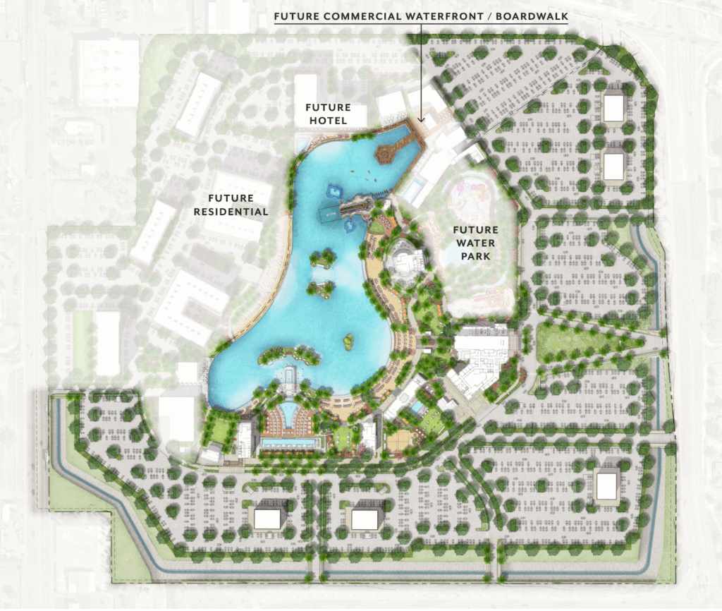 Graphic renderings show a future hotel, water park, lagoon or waterfront feature and residential.