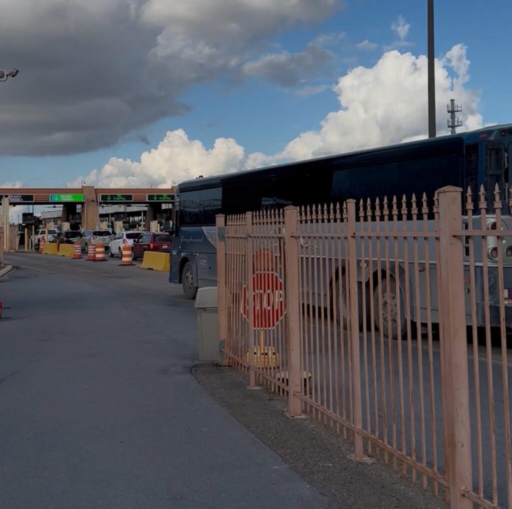 Buses and cars approach the McAllen-Hidalgo International Bridge port of entry in September 2025.
