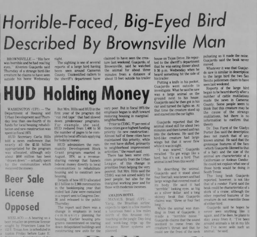 Black-and-white newspaper clipping with headline “Horrible-Faced, Big-Eyed Bird Described By Brownsville Man,” recounting 1975 eyewitness reports of a large, strange bird in South Texas.
