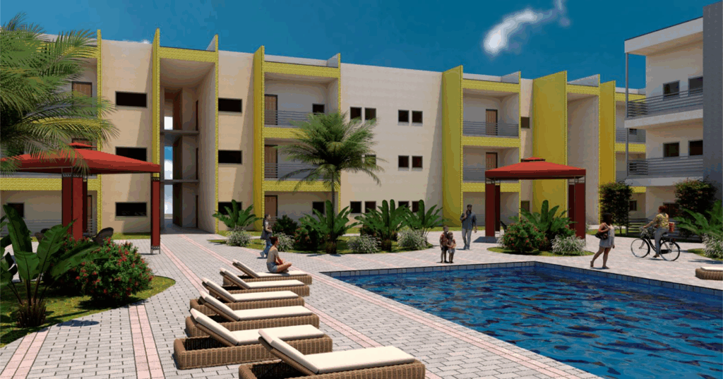 Rendering of Guerlain Luxury Apartments pool area with lounge chairs and landscaped courtyard.