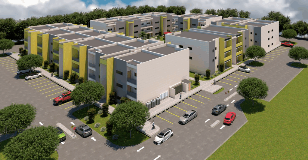 Rendering of Guerlain Luxury Apartments complex with multiple buildings, parking areas, and landscaped surroundings.