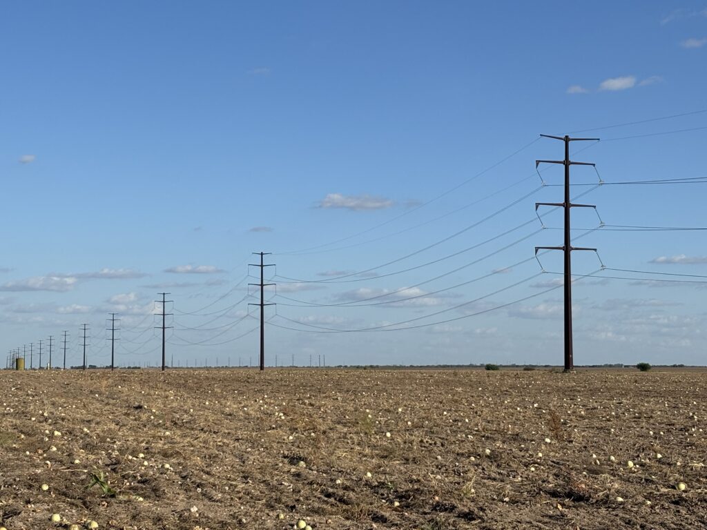Transmission lines running across farmland near the Monte Cristo Windpower project.