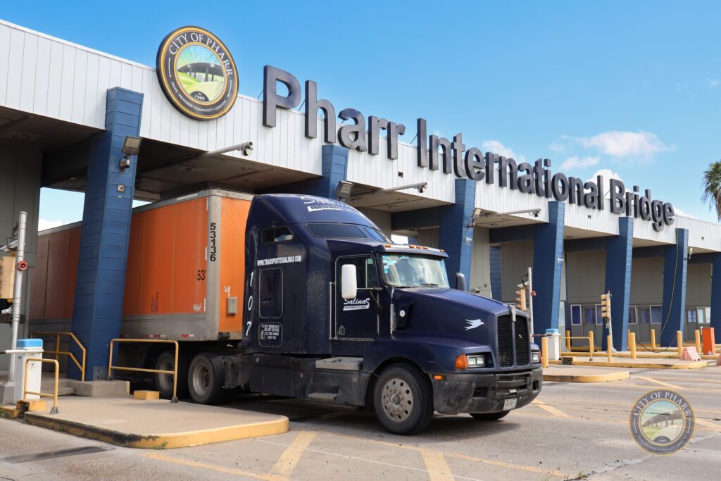 A commercial truck passes through inspection lanes at the Pharr International Bridge in South Texas.