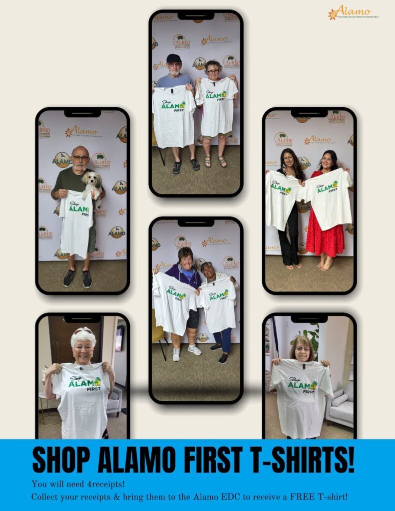 Winter Texans holding Shop Alamo First T-shirts as part of a program encouraging spending at local Alamo businesses.