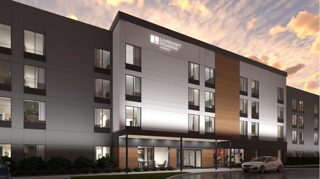Representación de LivSmart Studios by Hilton, un hotel de cuatro plantas de estilo condominio que se construirá cerca del Centro de Convenciones de McAllen.