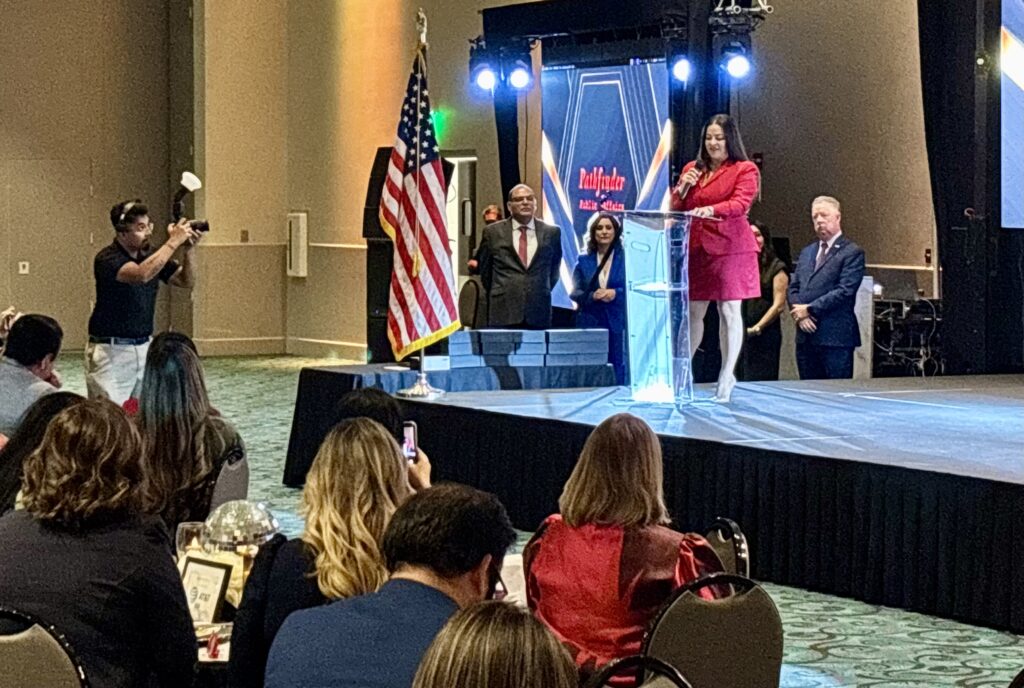 RGV Partnership Chairwoman Amanda Saldaña speaks at the State of the Region Luncheon about regional priorities and the new RGV Connect initiative.