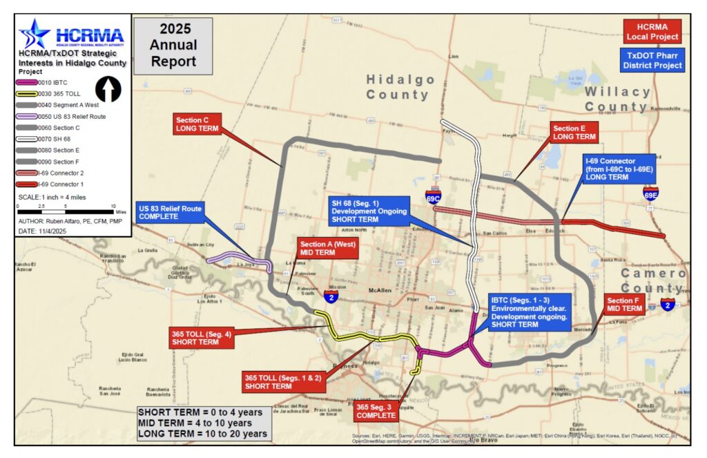 Map showing planned Hidalgo County loop system segments, including tollway, connector, and relief-route projects.