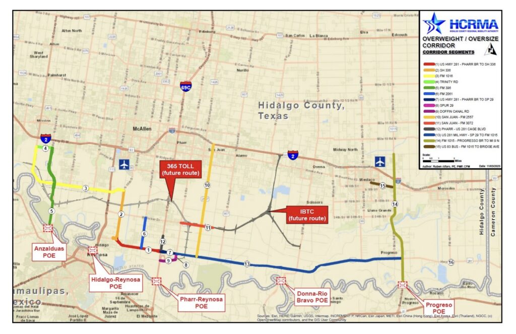 Map highlighting overweight and oversize freight routes linking Hidalgo County ports of entry to major roadways.
