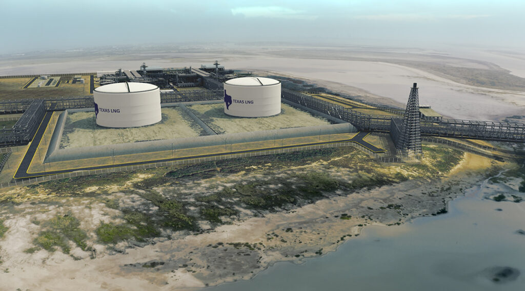 Representación de la terminal de exportación de GNL de Texas propuesta en el puerto de Brownsville, en la que se muestran los depósitos de almacenamiento, las instalaciones de procesamiento y la infraestructura costera.