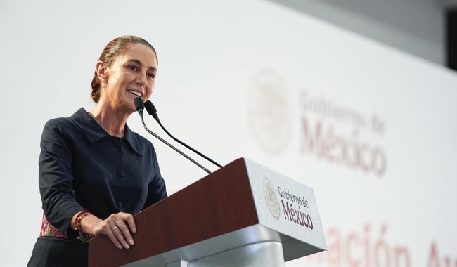 Mexico President Claudia Sheinbaum stands at a podium during a public event in Victoria, Tamaulipas.