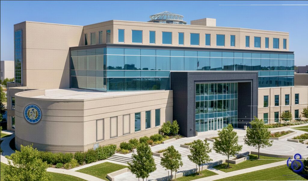 Daytime architectural rendering of a modern multi-story building with glass facades, a central entrance, and landscaped walkways, showing a proposed design concept for McAllen’s future City Hall.
