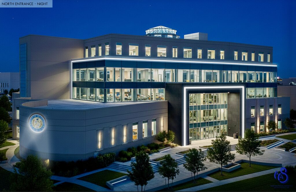 Representación conceptual nocturna de un edificio público con un marco de entrada rectangular luminoso y amplias paredes acristaladas.