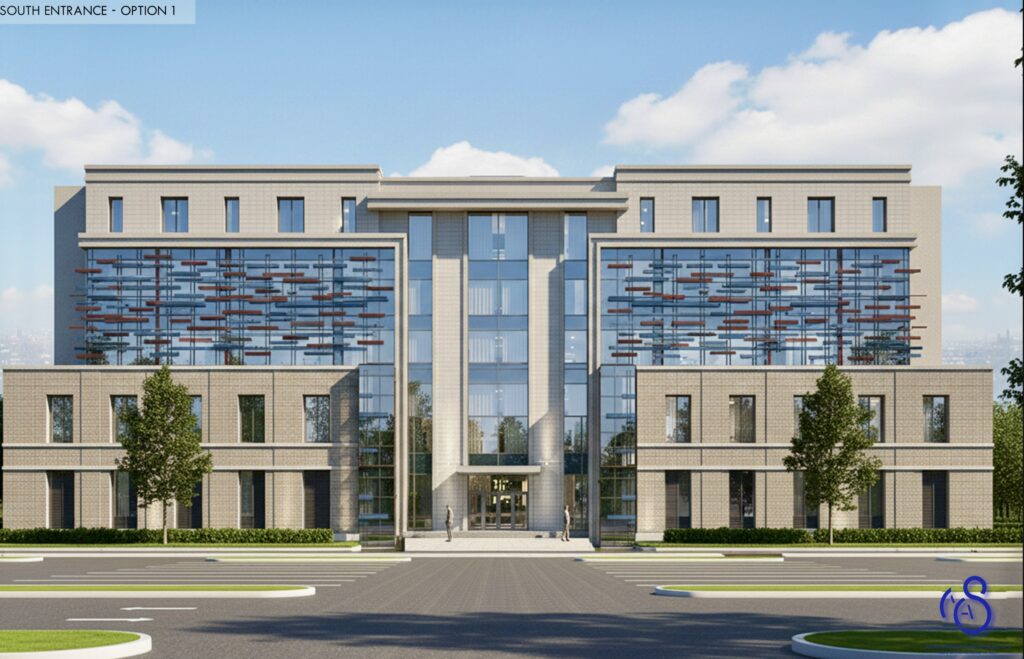 Representación conceptual diurna de un edificio simétrico de varias plantas con grandes superficies acristaladas y una entrada central.