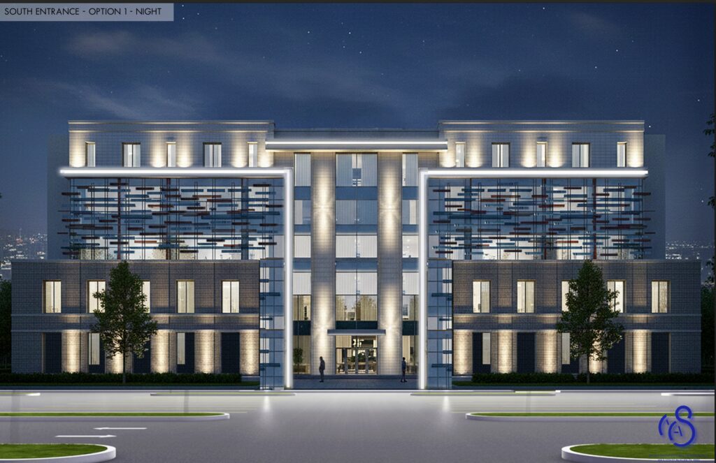 Representación conceptual nocturna de un edificio público moderno con fachadas acristaladas iluminadas y una entrada central empotrada.