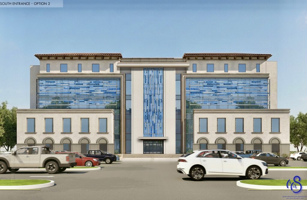 Representación conceptual diurna de un edificio público de varias plantas con muros cortina de cristal y una entrada central.