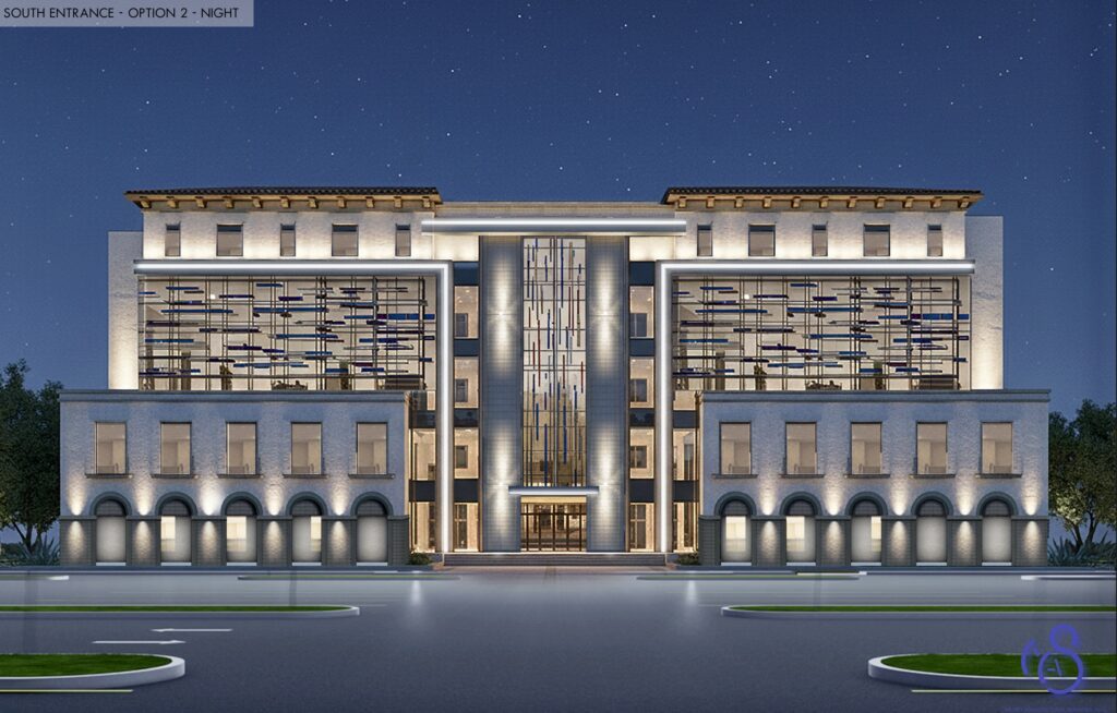 Representación conceptual nocturna de un edificio simétrico de varias plantas con fachadas acristaladas iluminadas y una entrada central.