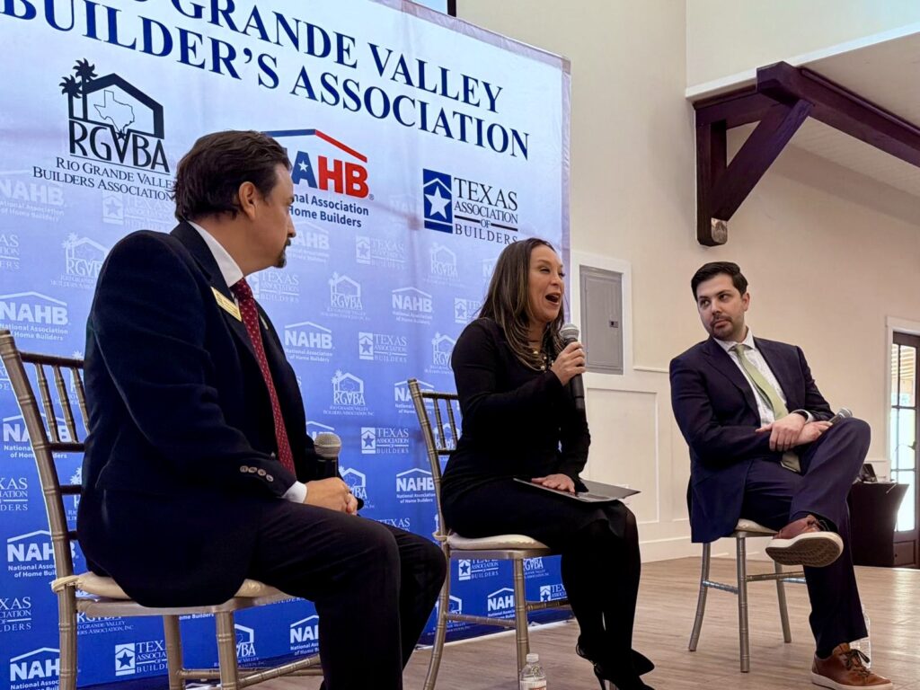 Johnny Vasquez, executive director of the Rio Grande Valley Builders Association, U.S. Rep. Monica De La Cruz, and National Association of Home Builders legislative director Sam Gilboard participate in a legislative discussion about immigration and construction labor issues.