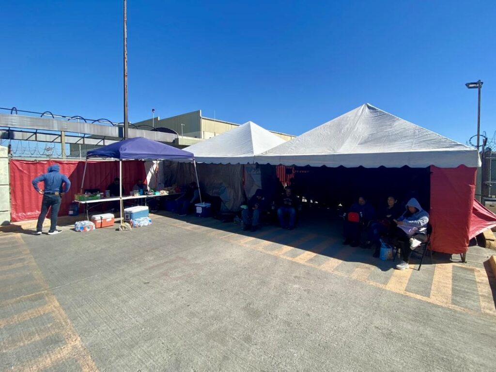 Tents set up outside the Tridonex plant in Matamoros where workers take shelter during guard shifts.