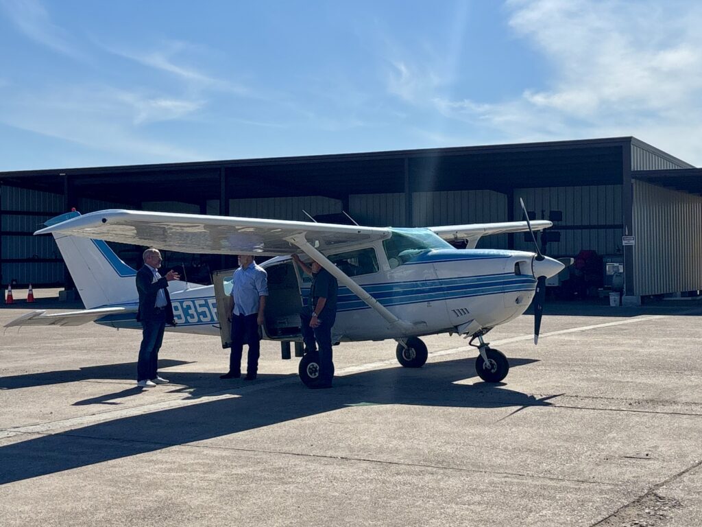 A single-engine aircraft parked on an airfield that USDA uses to release sterile screwworm flies over South Texas and northern Mexico.
