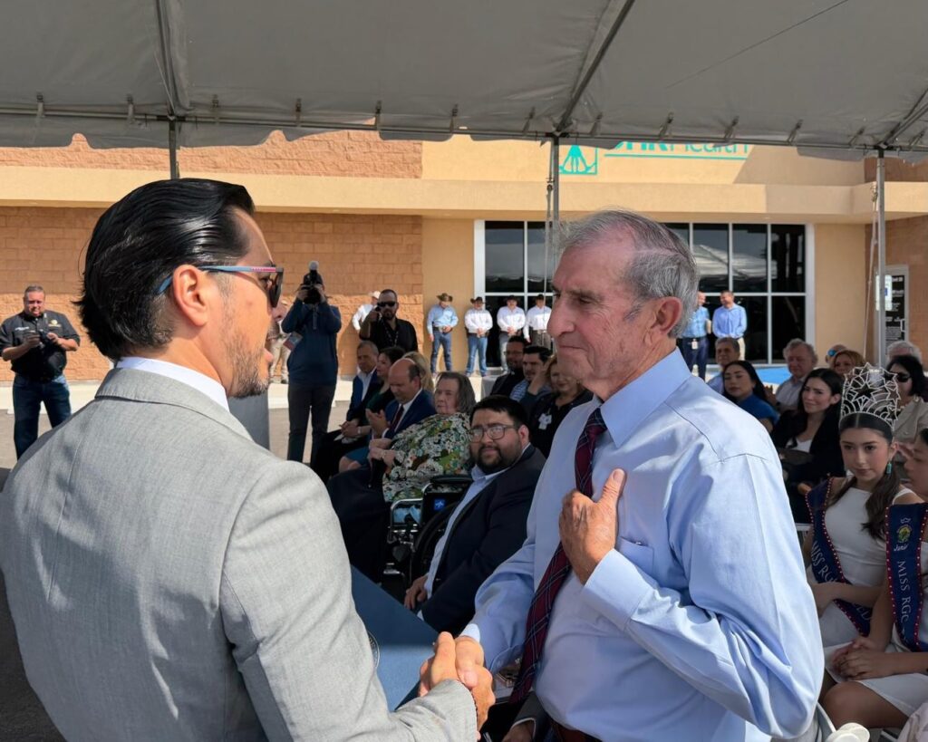 Dr. Alberto “Beto” Gutierrez shakes hands with RGC Mayor Gilberto Falcon during an event at the DHR Health campus in Rio Grande City.