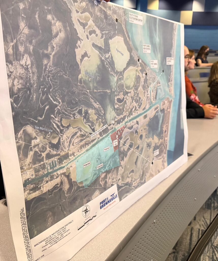Close-up of a map showing the Brownsville Ship Channel and the proposed location of a Saronic Technologies shipyard.