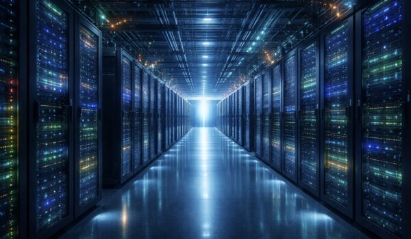 Rows of illuminated server racks inside a large data center facility, showing high-density computing equipment used to store and process data.