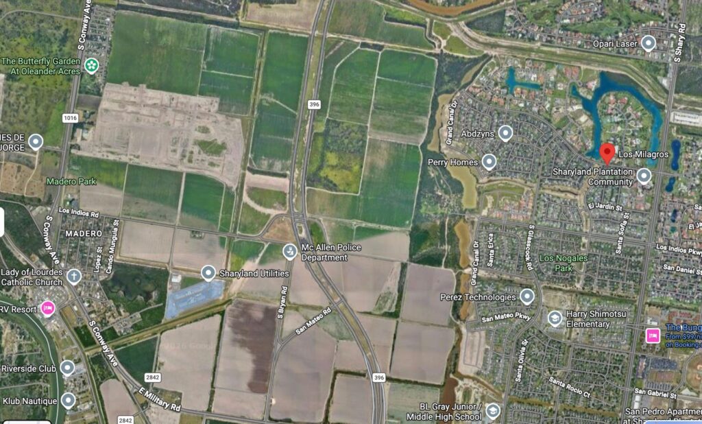 Imagen por satélite de un terreno sin edificar al oeste de Sharyland Plantation, en Mission, donde se ubicará la urbanización El Milagro.