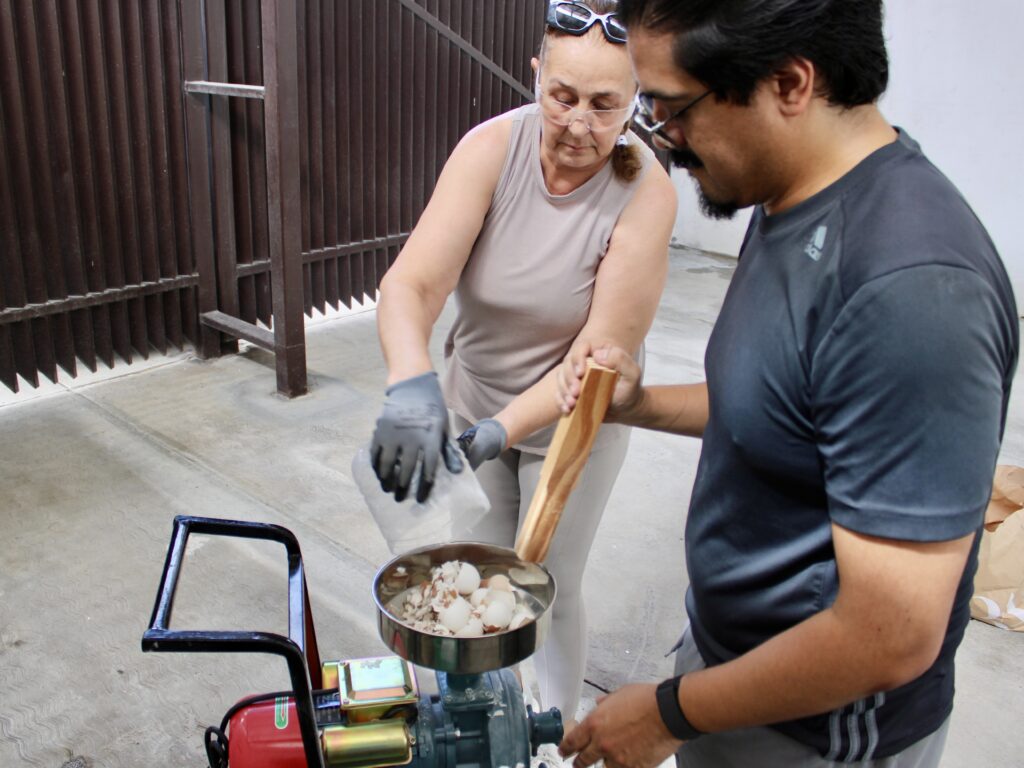 Dos voluntarios del proyecto vierten cáscaras de huevo en una trituradora que se utiliza para procesar el material destinado al Proyecto MADRE