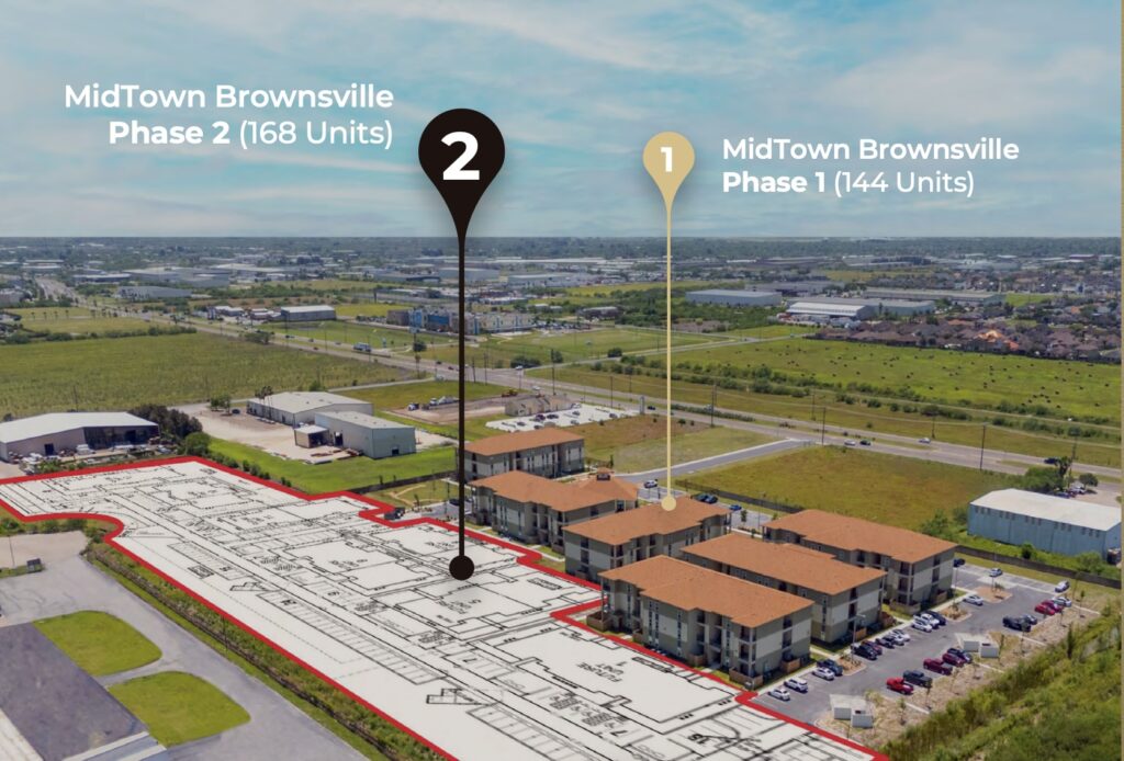 Aerial view of an apartment complex and adjacent vacant land outlined for future development, with nearby roads, industrial buildings, and open fields in Brownsville.