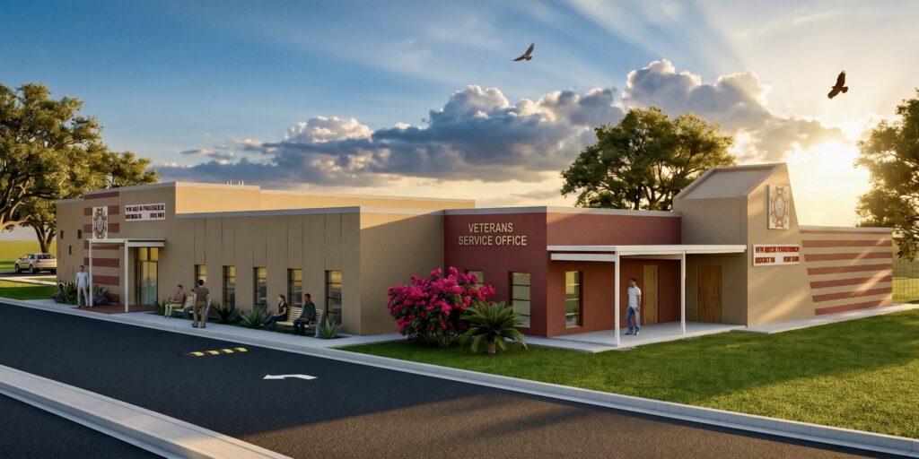 Architectural rendering of the planned new VFW Post 2410 building with modern exterior features and landscaping.
