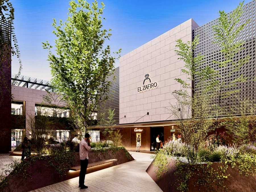 Rendering of Distrito Zafiro shows a modern mixed-use development with landscaped walkways, retail storefronts, and outdoor public space in Reynosa.