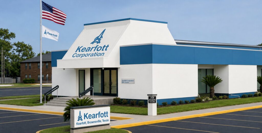 Rendering of a white-and-blue Kearfott Corporation manufacturing facility in Brownsville with company signage and U.S. flags outside the building.