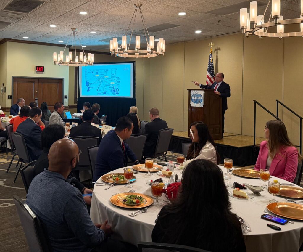 Juan Olaguibel speaks to attendees during a presentation about international bridge infrastructure projects in McAllen.