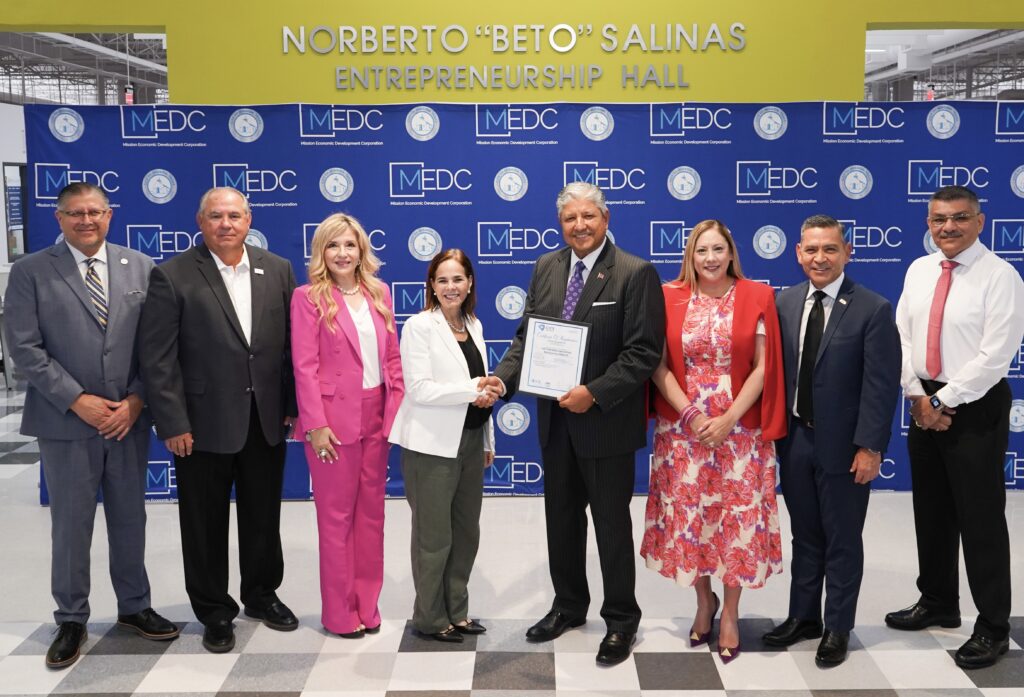 Mission EDC officials present Pilar Gonzalez with recognition celebrating Habibi Gourmet’s Safe Quality Food certification during a ceremony in Mission.